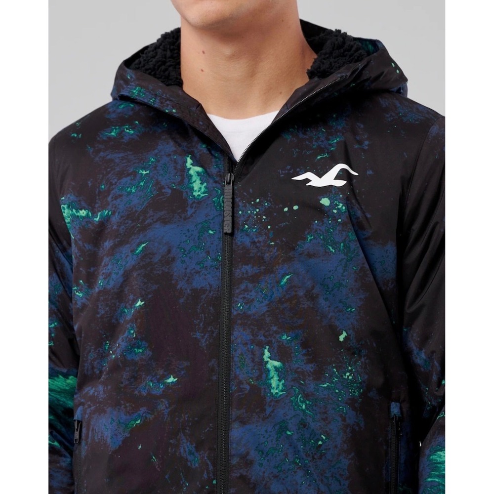Hollister Windbreaker Mens XL Black Blue Green Epic Flex Faux Fur Lined Hooded